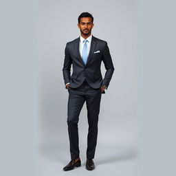 A sophisticated and elegant portrayal of a full-length photograph of a well-dressed individual in a sleek, stylish suit