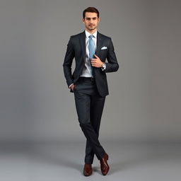 A sophisticated and elegant portrayal of a full-length photograph of a well-dressed individual in a sleek, stylish suit
