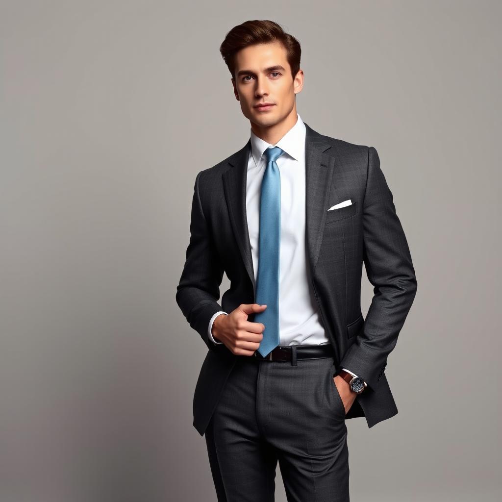 A sophisticated and elegant portrayal of a full-length photograph of a well-dressed individual in a sleek, stylish suit