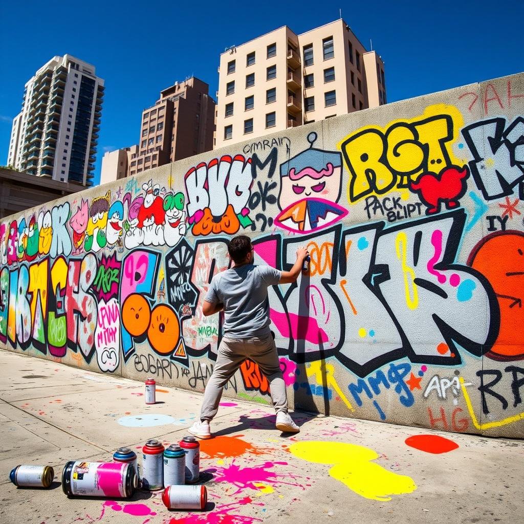 A vibrant and chaotic street art scene, showcasing a wall covered in colorful graffiti, featuring playful characters, abstract shapes, and bold lettering