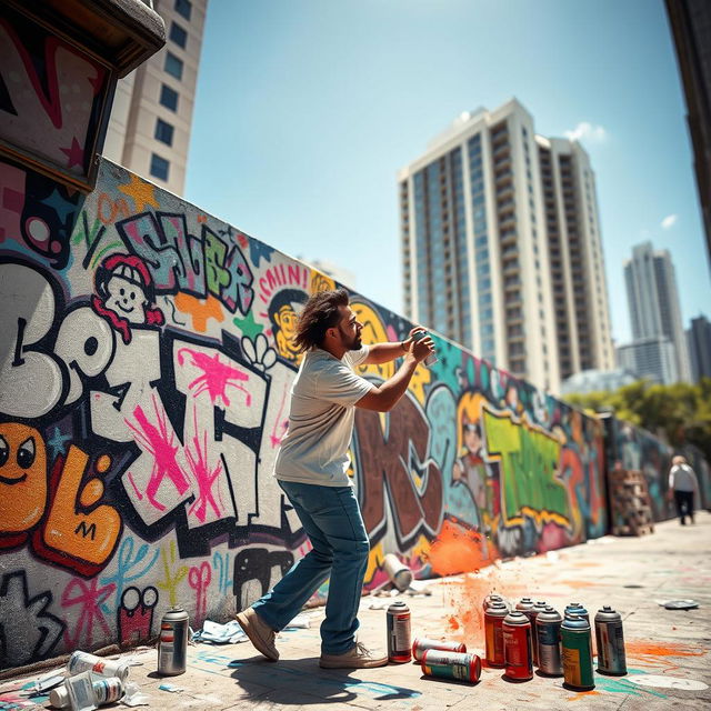 A vibrant and chaotic street art scene, showcasing a wall covered in colorful graffiti, featuring playful characters, abstract shapes, and bold lettering