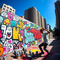 A vibrant and chaotic street art scene, showcasing a wall covered in colorful graffiti, featuring playful characters, abstract shapes, and bold lettering