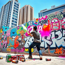 A vibrant and chaotic street art scene, showcasing a wall covered in colorful graffiti, featuring playful characters, abstract shapes, and bold lettering