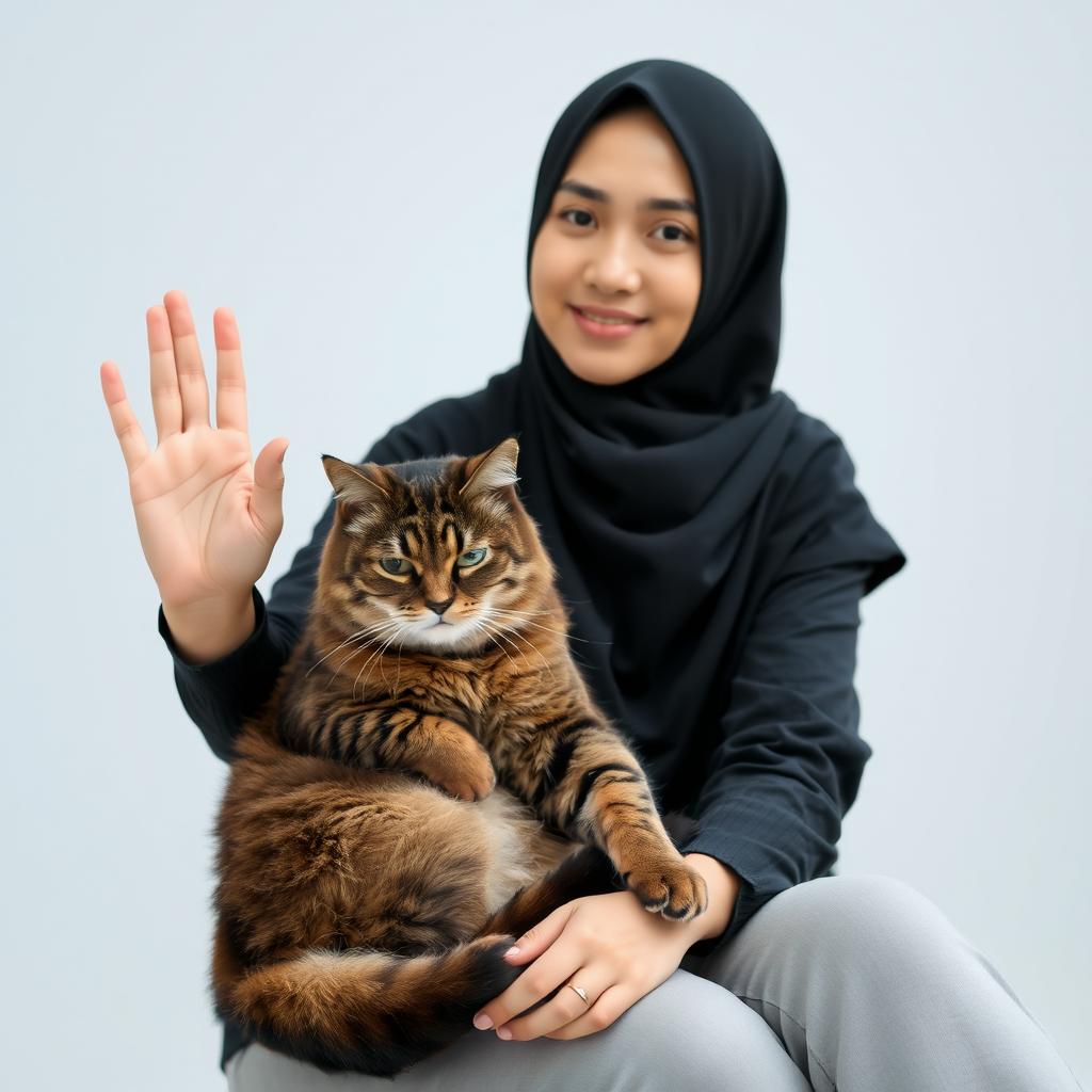 A beautiful Indonesian woman wearing a black hijab with casual attire, gently holding a giant cat in her lap, showcasing a soft and tender expression on her face