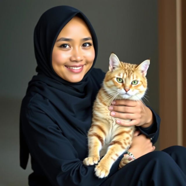 A beautiful Indonesian woman wearing a black hijab with casual attire, gently holding a giant cat in her lap, showcasing a soft and tender expression on her face