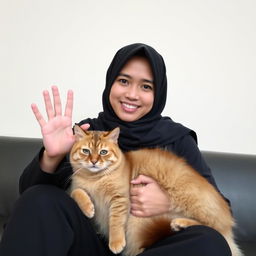 A beautiful Indonesian woman wearing a black hijab with casual attire, gently holding a giant cat in her lap, showcasing a soft and tender expression on her face