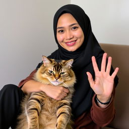 A beautiful Indonesian woman wearing a black hijab with casual attire, gently holding a giant cat in her lap, showcasing a soft and tender expression on her face