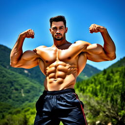 A strong and muscular person posing confidently in athletic wear, showcasing well-defined muscles and a toned physique