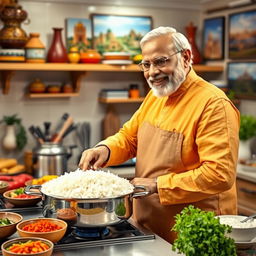 A vibrant and engaging kitchen scene featuring Narendra Modi, the Prime Minister of India, actively cooking with rice