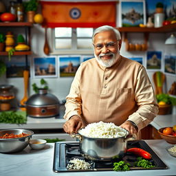 A vibrant and engaging kitchen scene featuring Narendra Modi, the Prime Minister of India, actively cooking with rice