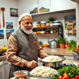 A vibrant and engaging kitchen scene featuring Narendra Modi, the Prime Minister of India, actively cooking with rice