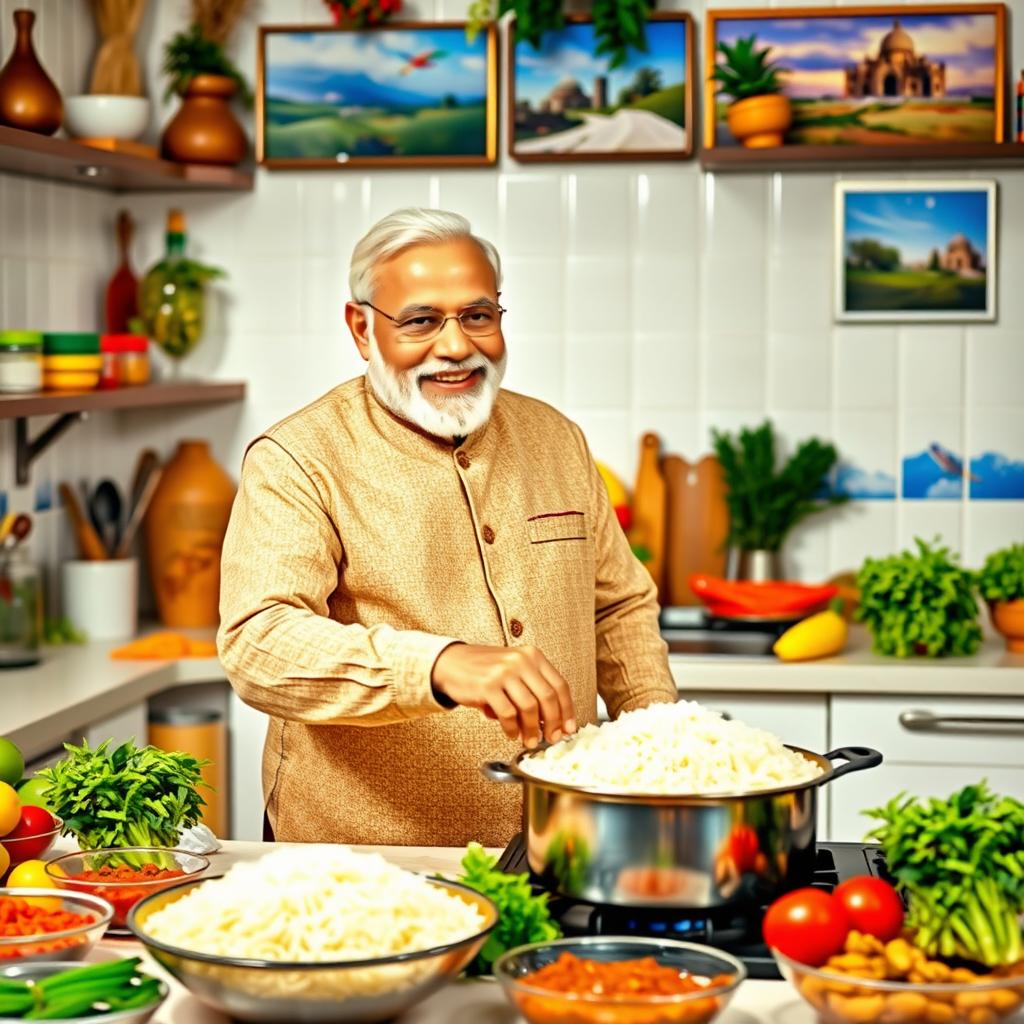 A vibrant and engaging kitchen scene featuring Narendra Modi, the Prime Minister of India, actively cooking with rice