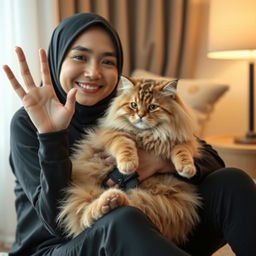 A beautiful Indonesian woman wearing a black hijab and casual clothing, gently holding a giant fluffy cat in her lap