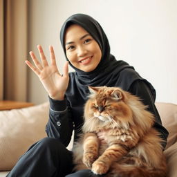A beautiful Indonesian woman wearing a black hijab and casual clothing, gently holding a giant fluffy cat in her lap