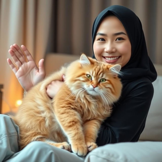 A beautiful Indonesian woman wearing a black hijab and casual clothing, gently holding a giant fluffy cat in her lap