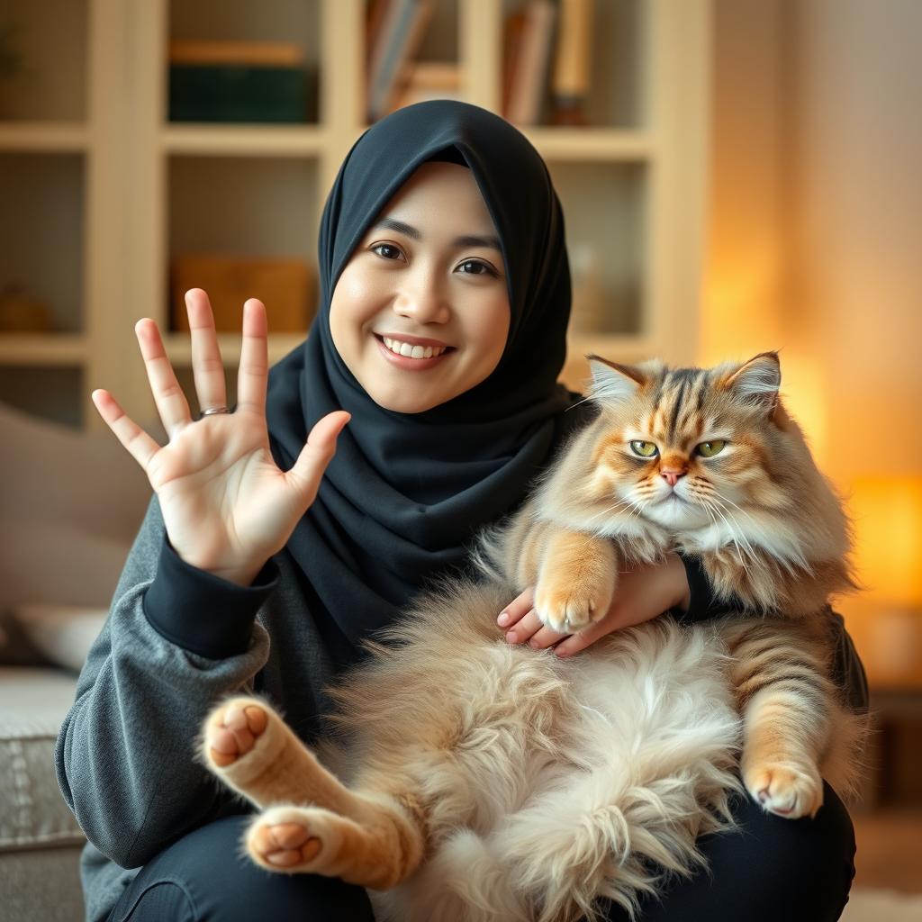 A beautiful Indonesian woman wearing a black hijab and casual clothing, gently holding a giant fluffy cat in her lap