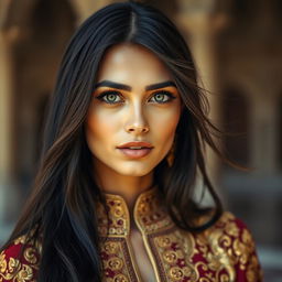 A stunning portrait of a woman named NAAFIA HUSSAIN, who has long black hair cascading over her shoulders and piercing green eyes