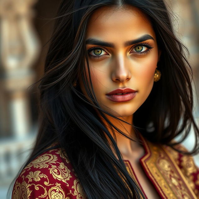 A stunning portrait of a woman named NAAFIA HUSSAIN, who has long black hair cascading over her shoulders and piercing green eyes