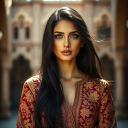 A stunning portrait of a woman named NAAFIA HUSSAIN, who has long black hair cascading over her shoulders and piercing green eyes
