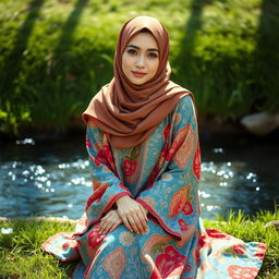 A beautiful young woman elegantly dressed in a luxurious hijab and a vividly patterned abaya