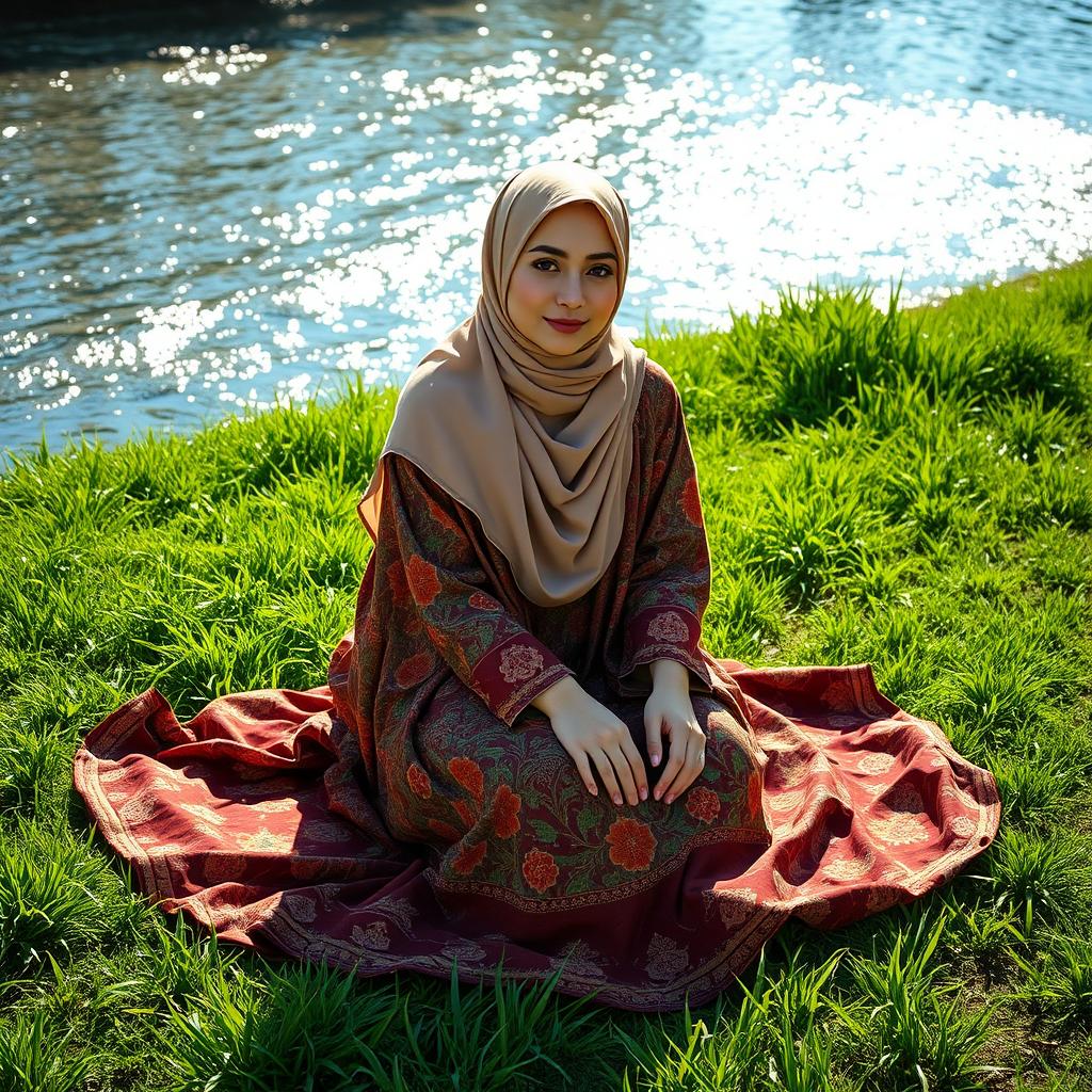 A beautiful young woman elegantly dressed in a luxurious hijab and a vividly patterned abaya