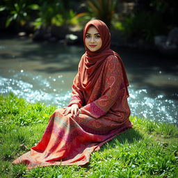 A beautiful young woman elegantly dressed in a luxurious hijab and a vividly patterned abaya
