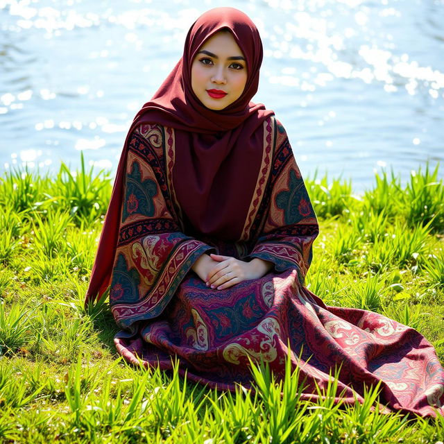 A beautiful young woman elegantly dressed in a luxurious hijab and a vividly patterned abaya