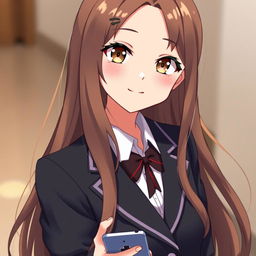 A girl wearing a luxury school uniform, characterized by a stylish blazer and skirt, showcasing her hazelnut-colored eyes and long, flowing brown hair