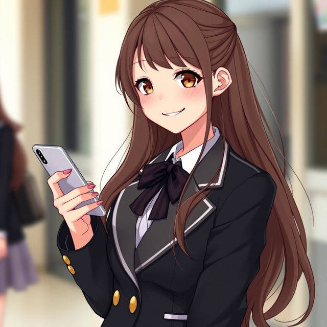 A girl wearing a luxury school uniform, characterized by a stylish blazer and skirt, showcasing her hazelnut-colored eyes and long, flowing brown hair