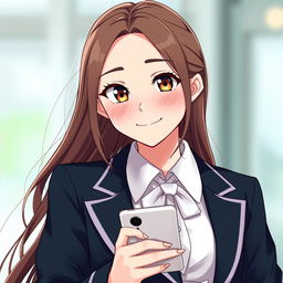 A girl wearing a luxury school uniform, characterized by a stylish blazer and skirt, showcasing her hazelnut-colored eyes and long, flowing brown hair