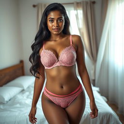 A portrait of a 25-year-old Indian woman standing in a cozy bedroom
