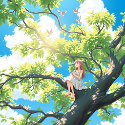 A serene scene of a girl sitting on a tree branch, casually talking while enjoying a sunny day