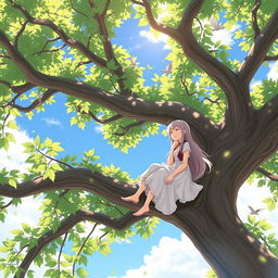 A serene scene of a girl sitting on a tree branch, casually talking while enjoying a sunny day