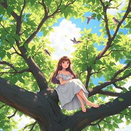 A serene scene of a girl sitting on a tree branch, casually talking while enjoying a sunny day