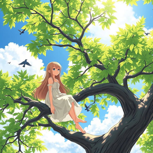 A serene scene of a girl sitting on a tree branch, casually talking while enjoying a sunny day