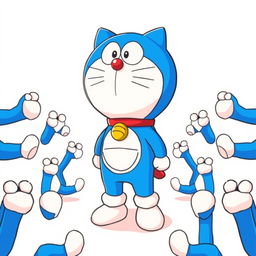 An illustration featuring Doraemon, the popular blue robotic cat, prominently displayed in the center with a larger white background