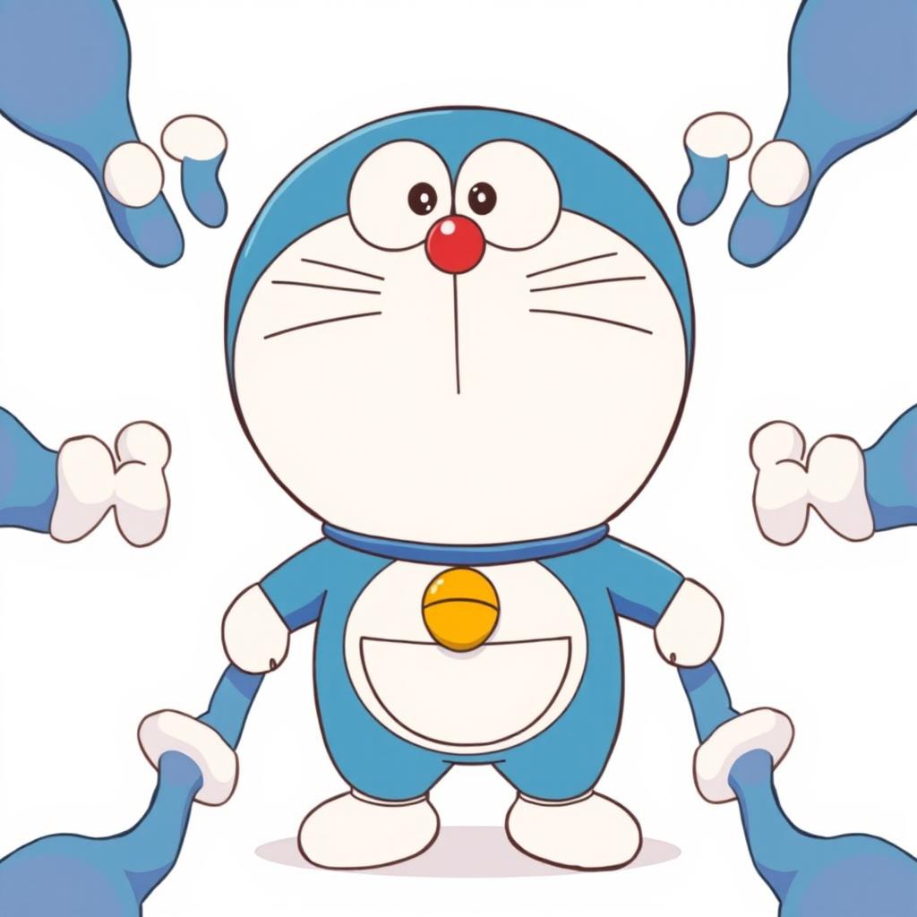 An illustration featuring Doraemon, the popular blue robotic cat, prominently displayed in the center with a larger white background