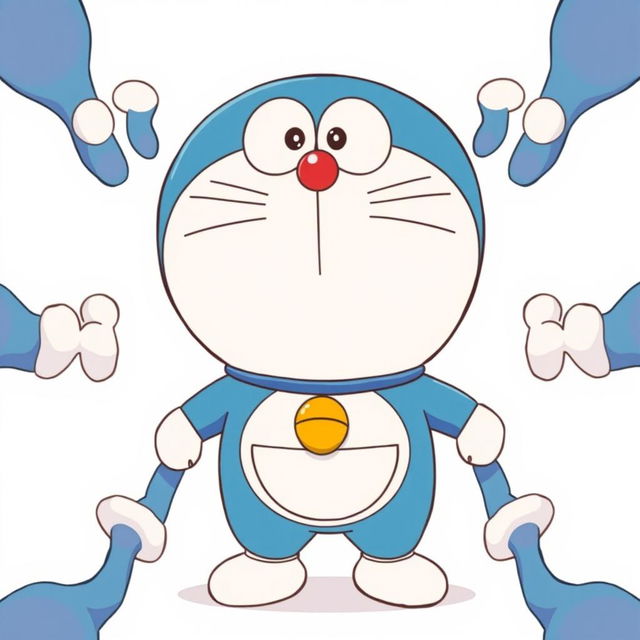 An illustration featuring Doraemon, the popular blue robotic cat, prominently displayed in the center with a larger white background