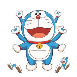 An illustration featuring Doraemon, the popular blue robotic cat, prominently displayed in the center with a larger white background