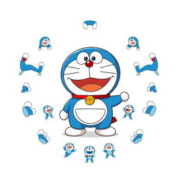 An illustration featuring Doraemon, the popular blue robotic cat, prominently displayed in the center with a larger white background