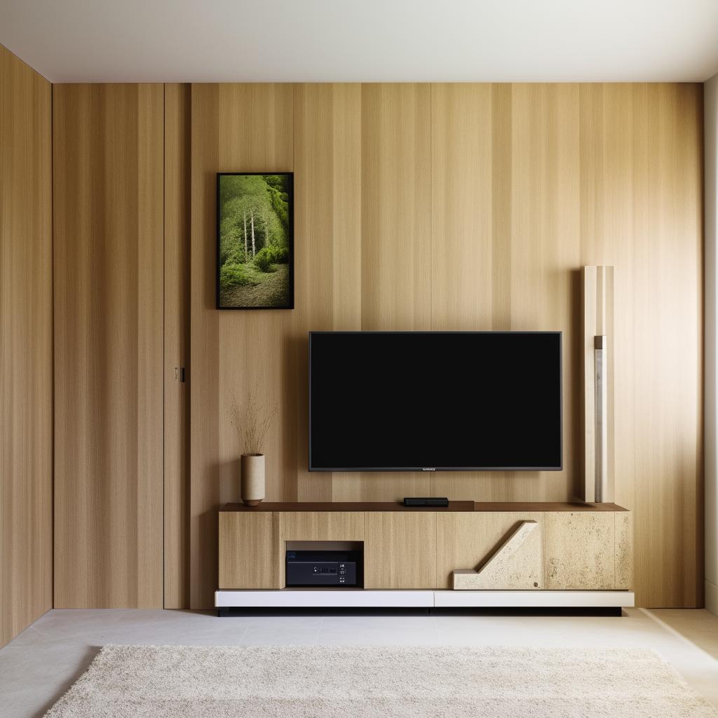 Create an image of a modern 14ft x 10ft living room wall, incorporating a 3.5ft x 7ft entrance on the same wall and a simplistic TV unit.