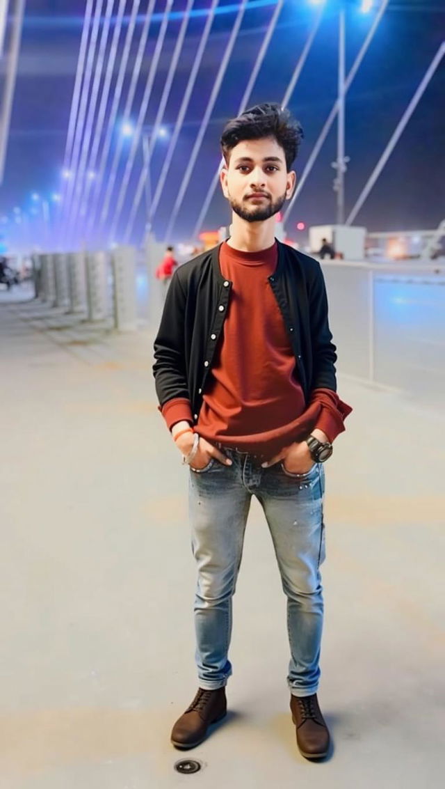 A stylish individual standing confidently on a modern bridge at night, illuminated by blue lights