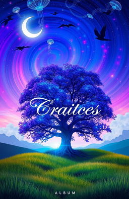 A captivating album cover featuring a surreal landscape that blends elements of dreamlike fantasy and vibrant colors