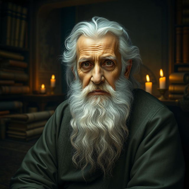 A portrait of an elderly Persian poet, Hafiz, sitting in a dimly lit, ancient library filled with scrolls and books