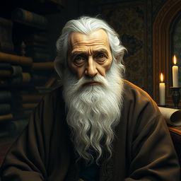 A portrait of an elderly Persian poet, Hafiz, sitting in a dimly lit, ancient library filled with scrolls and books