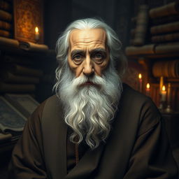 A portrait of an elderly Persian poet, Hafiz, sitting in a dimly lit, ancient library filled with scrolls and books