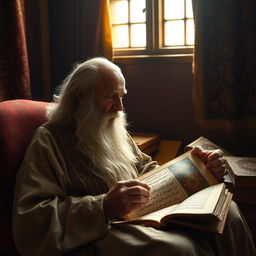 An elderly man with a long, white beard, dressed in traditional Persian attire, sitting alone in a dimly lit room filled with rich tapestries and ancient poetry books