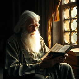 An elderly man with a long, white beard, dressed in traditional Persian attire, sitting alone in a dimly lit room filled with rich tapestries and ancient poetry books