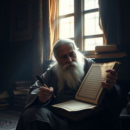 An elderly man with a long, white beard, dressed in traditional Persian attire, sitting alone in a dimly lit room filled with rich tapestries and ancient poetry books