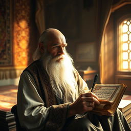 An elderly man with a long, white beard, dressed in traditional Persian attire, sitting alone in a dimly lit room filled with rich tapestries and ancient poetry books